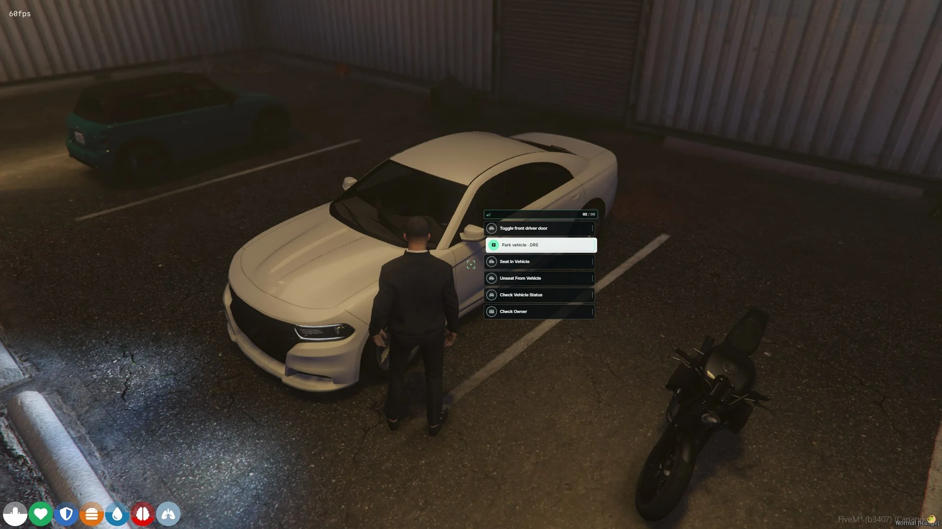 Player targeting a car inside a garage with the Park vehicle action highlighted.