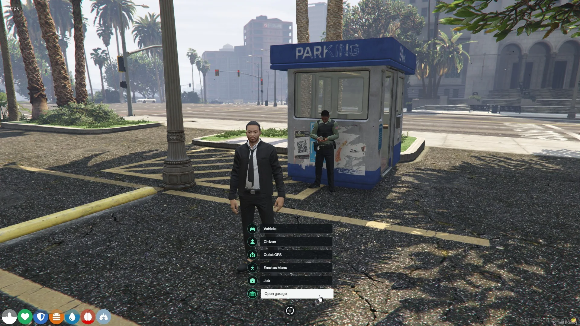 In-game radial menu with the Open garage action selected.