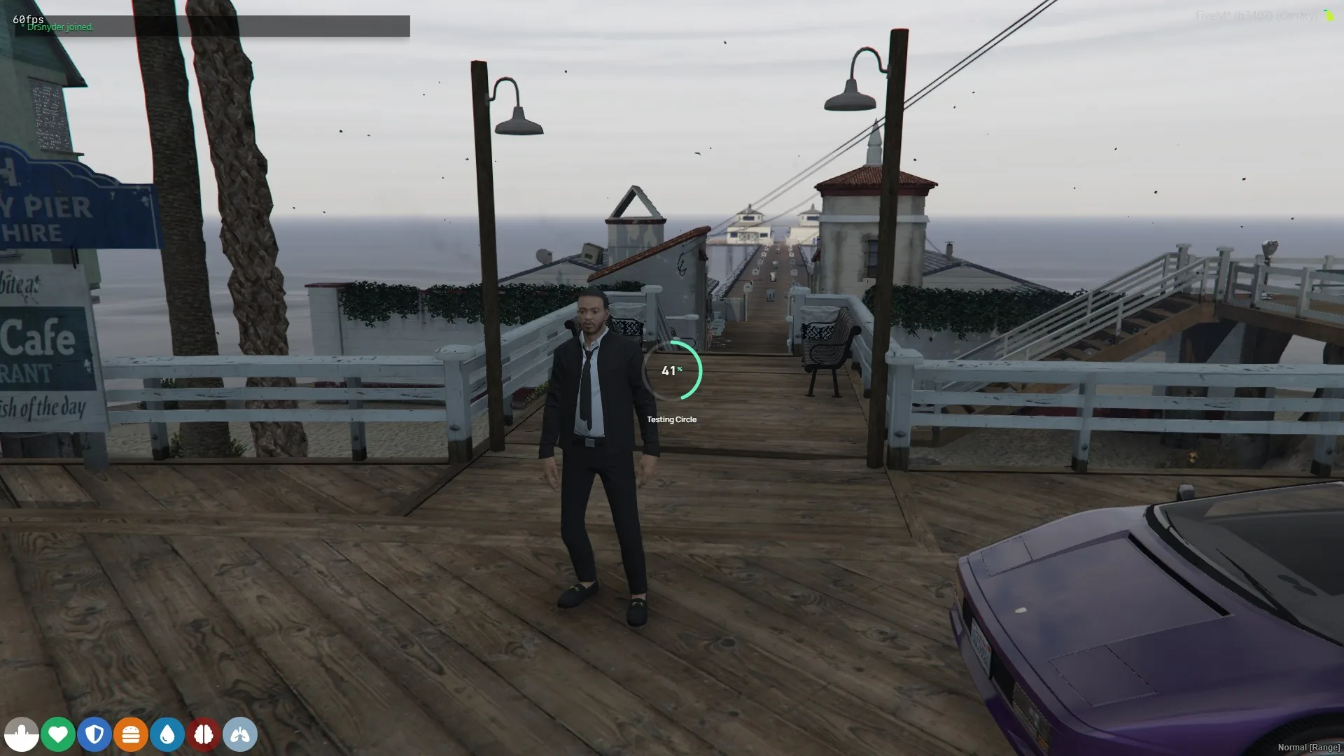 Axiom ox_lib circular progress indicator at 41 percent over a player on Del Perro Pier.