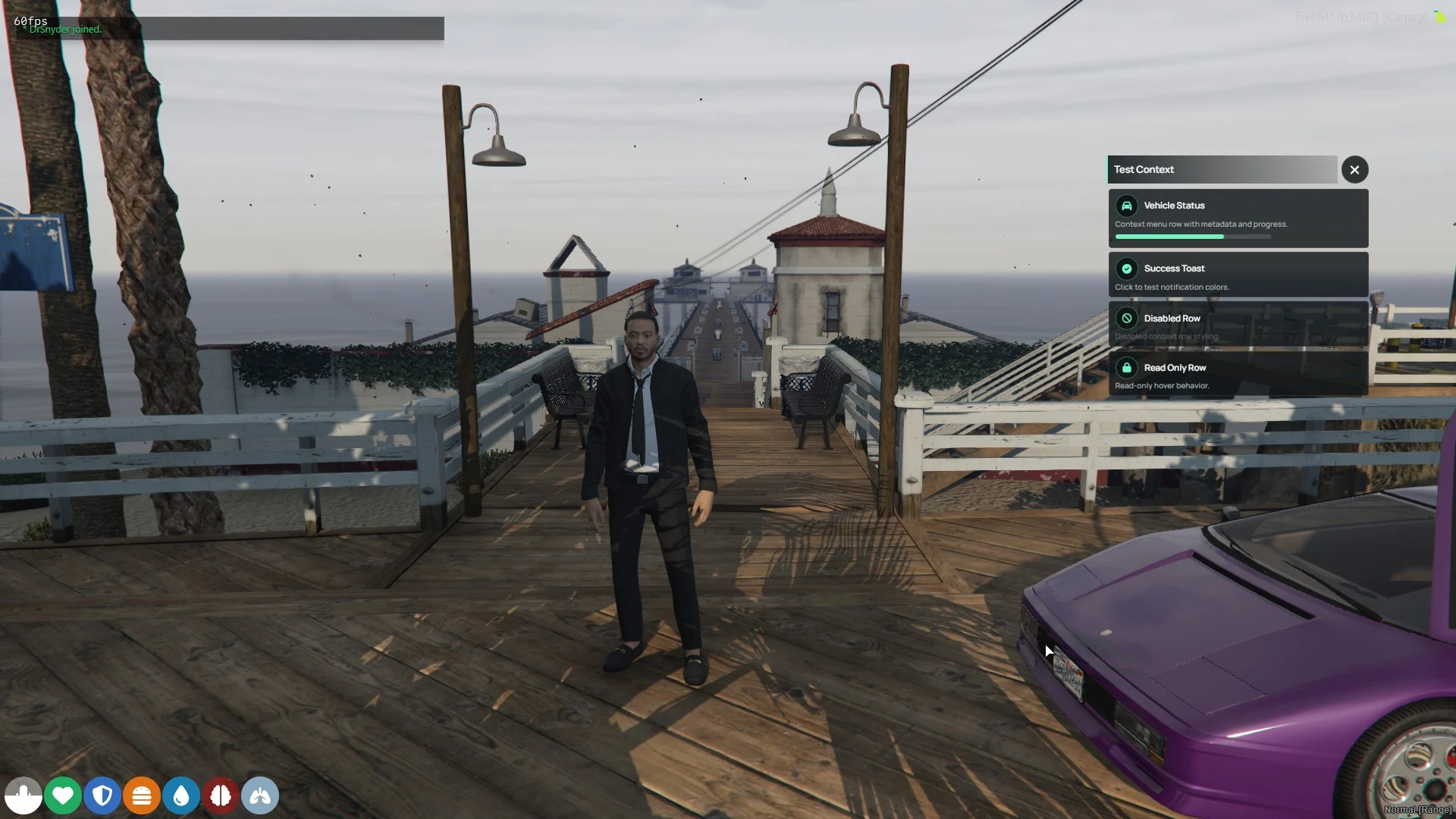 Axiom ox_lib context menu showing vehicle metadata, progress, success, disabled, and read-only states in game.