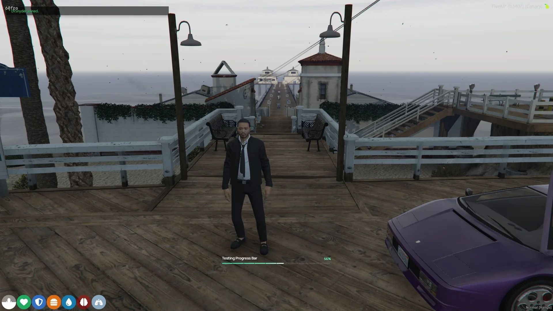 Axiom ox_lib linear progress bar at 56 percent below a player on Del Perro Pier.