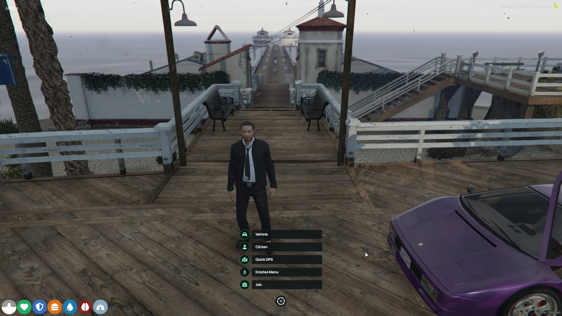Axiom ox_lib radial action menu showing vehicle, citizen, navigation, emote, and job choices in game.