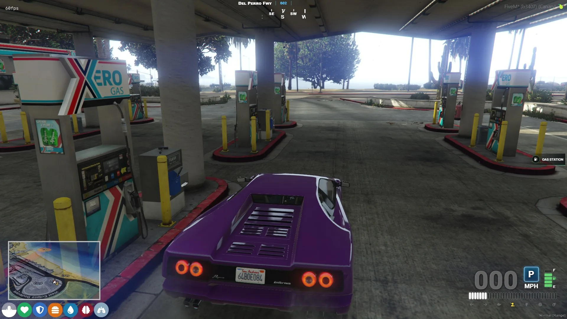 Axiom Gas Station text UI prompt beside a purple sports car at a Xero fuel station.
