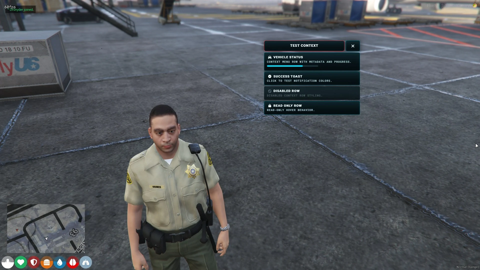 Redline ox_lib context menu showing vehicle status, metadata, progress, and disabled rows in game.