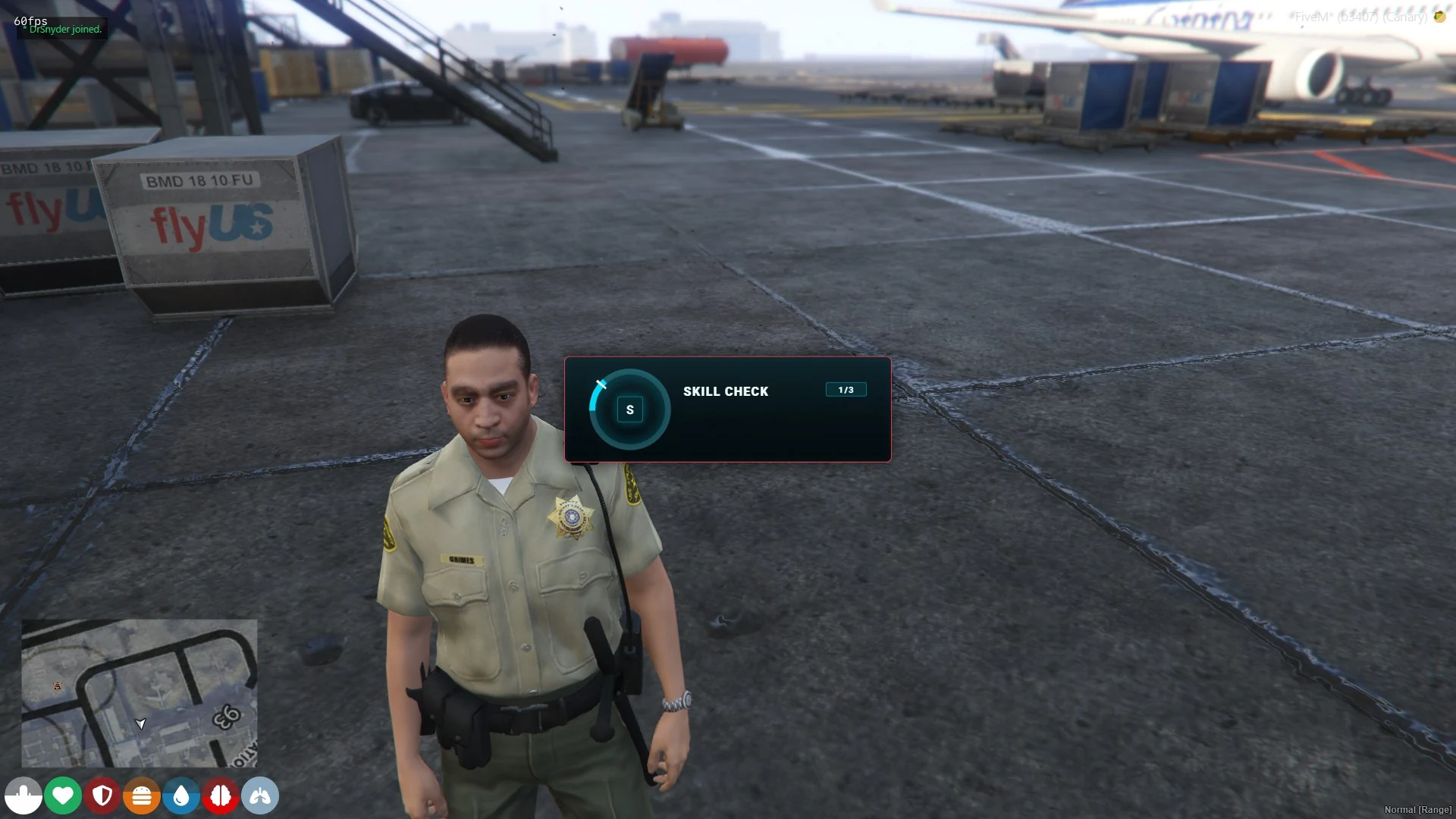 Redline ox_lib skill-check panel showing an active key prompt, progress arc, and stage counter in game.