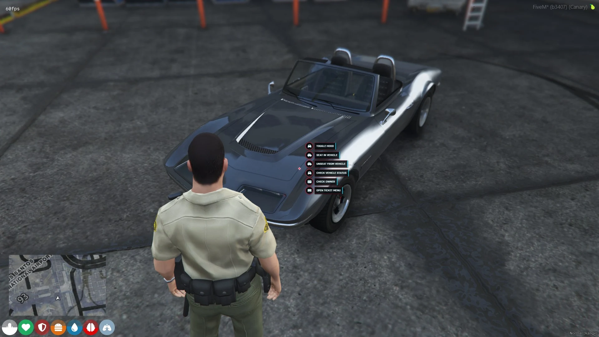 Redline ox_target vehicle interaction menu displayed beside a roadster in game.