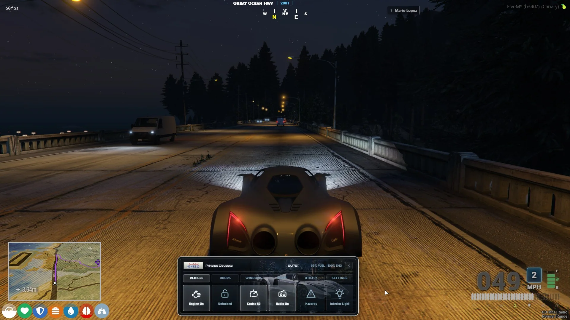 drs_vehcontrol touchscreen showing active cruise while a supercar travels at night.