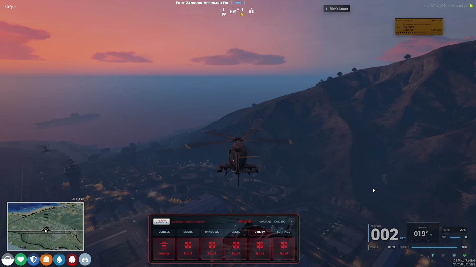 Helicopter touchscreen showing active hover and class-specific extras.
