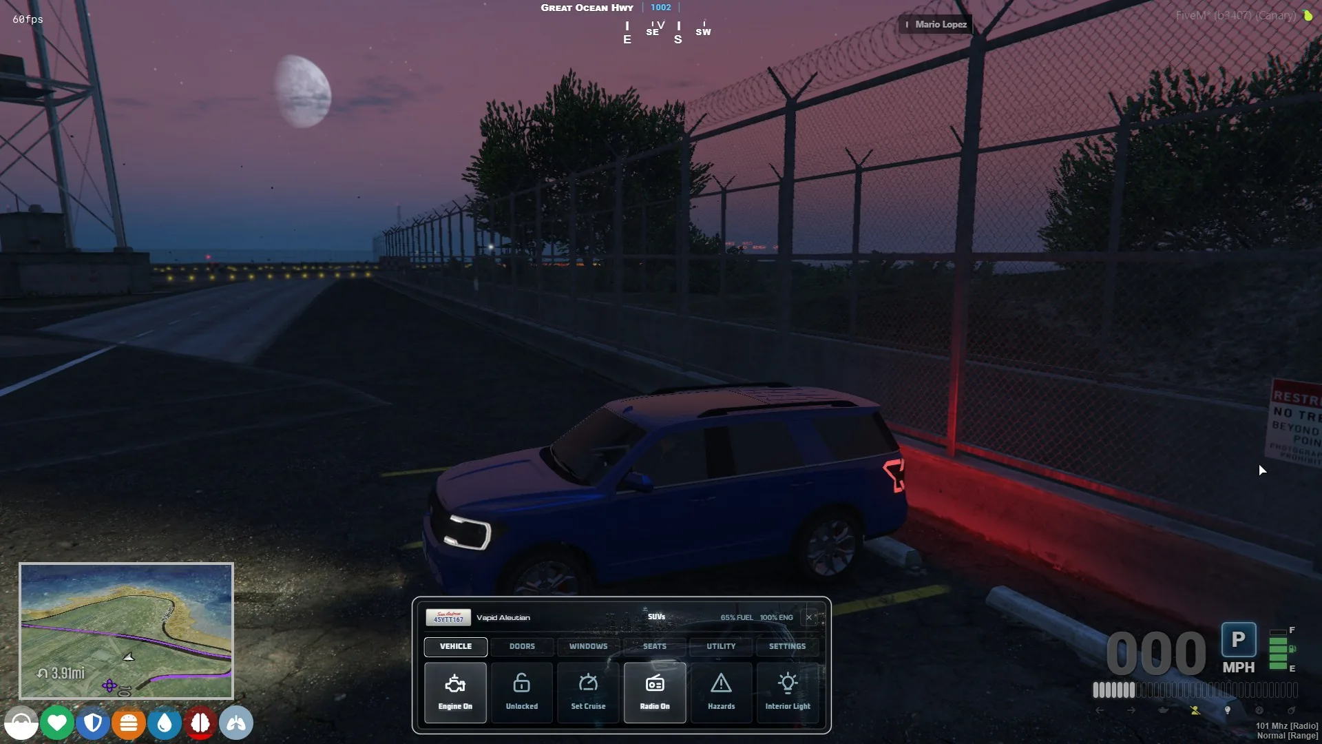 Window controls open beside a Vapid Aleutian at dusk.
