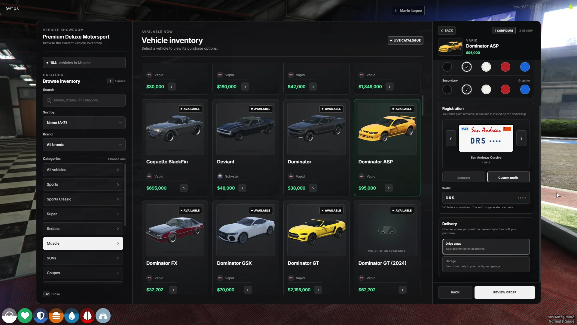 Road inventory with paint, registration, and delivery configuration open.