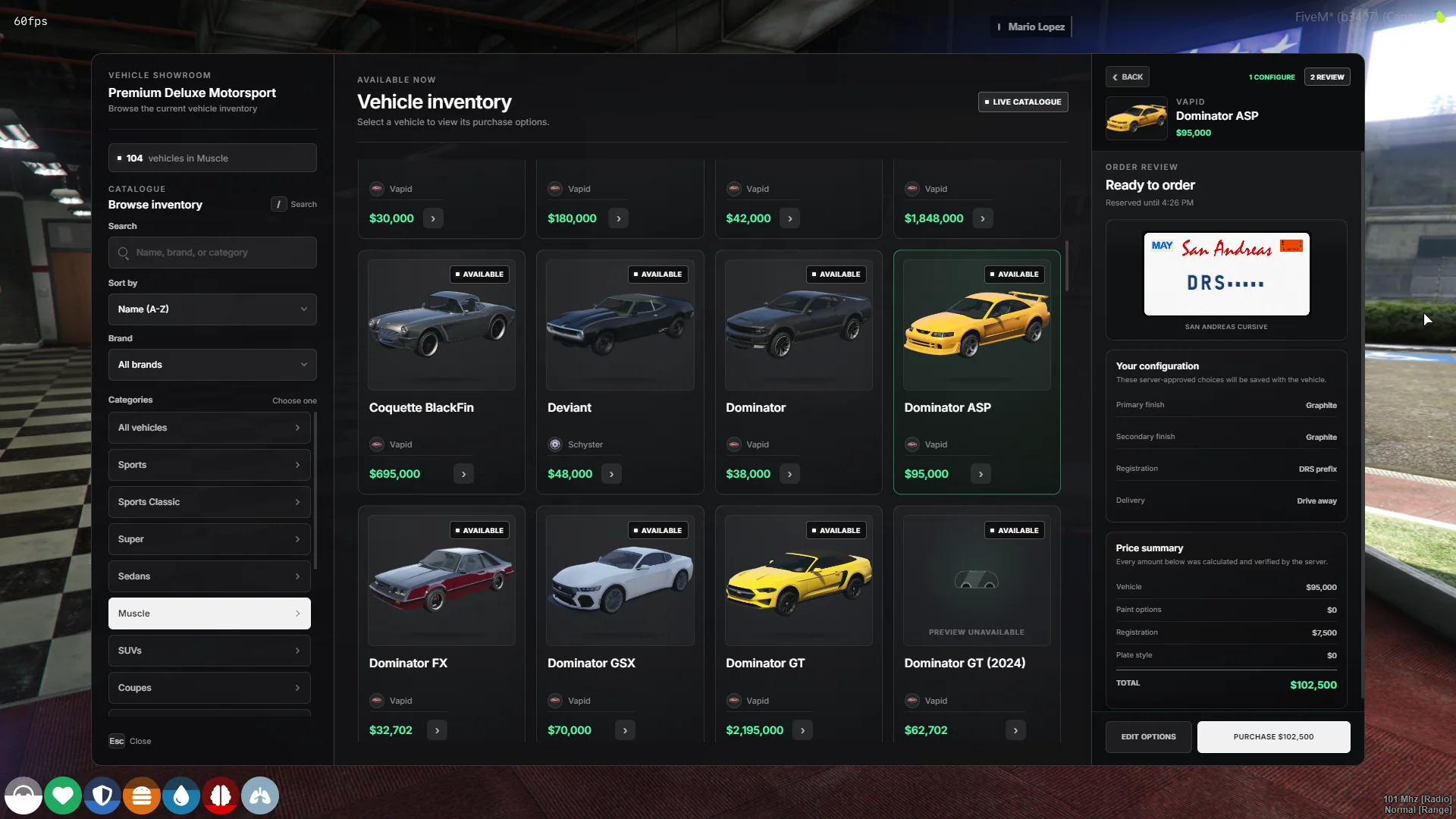 Purchase review with selected plate, options, delivery method, and final price.