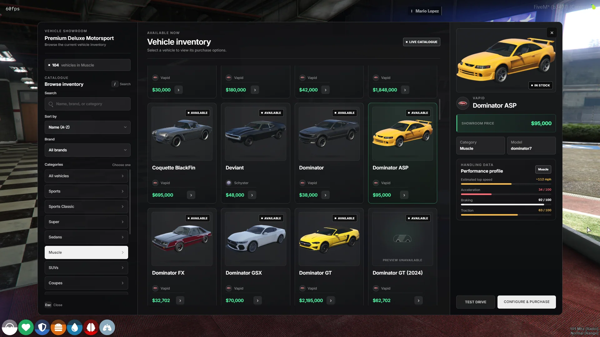 Selected Dominator ASP details with performance bars, test-drive, and purchase actions.
