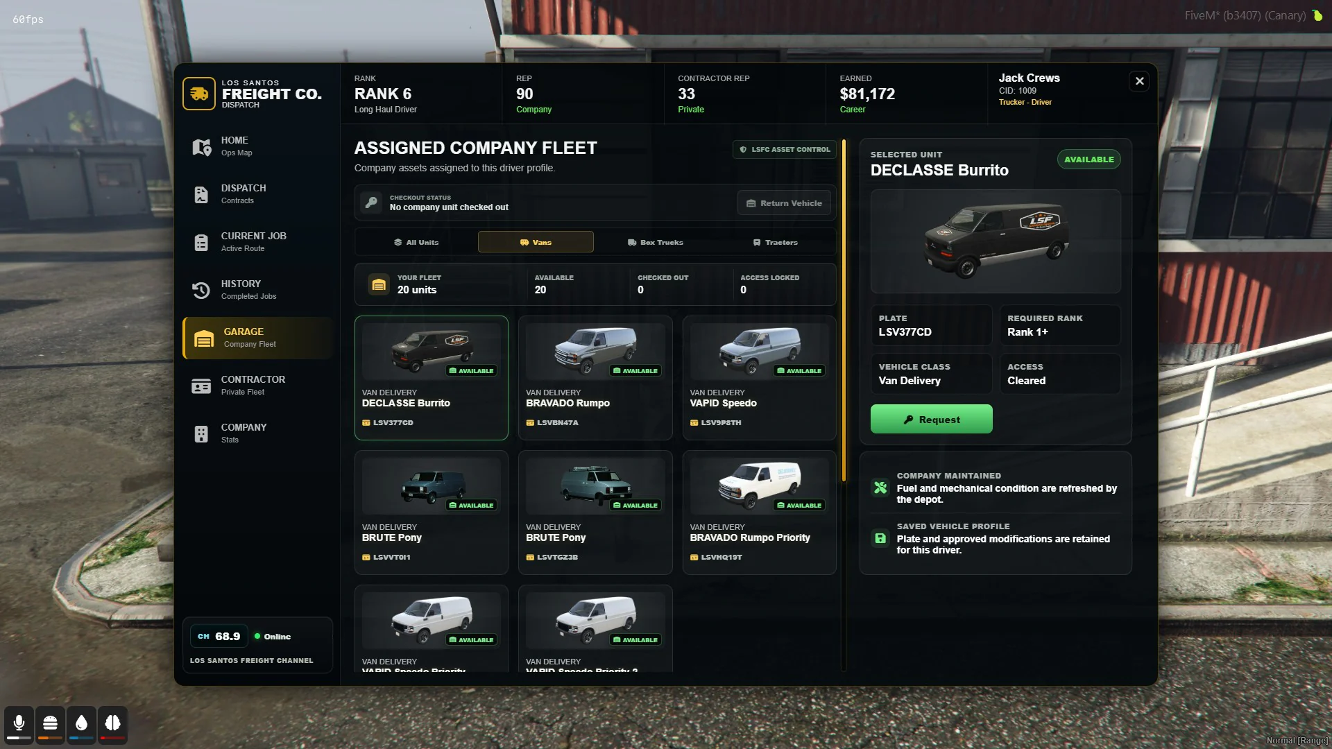 Version 1.4 Company Garage showing an assigned Hauler and the available company fleet.