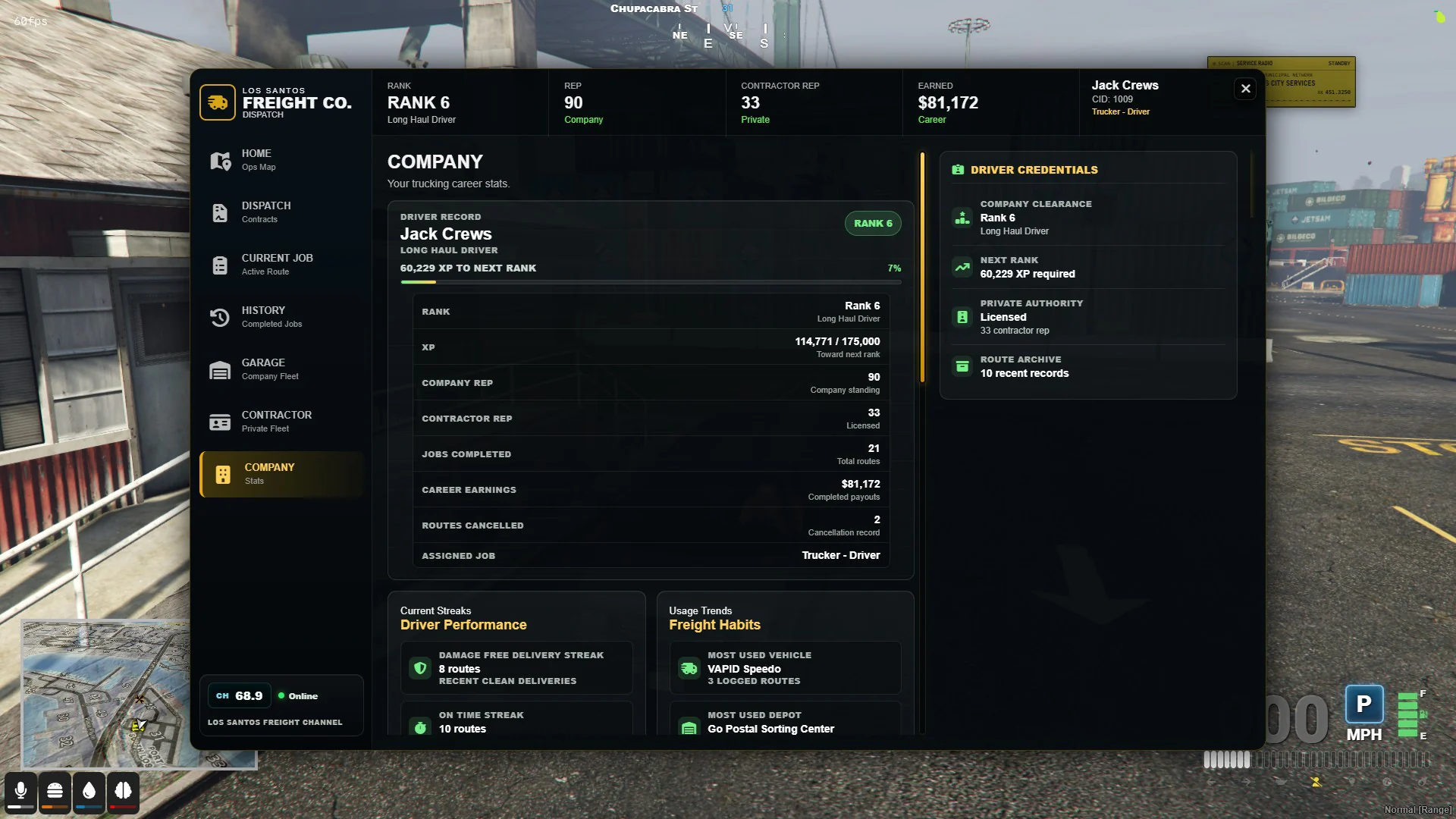 Version 1.4 Company page showing driver statistics, milestones, the rank ladder, and leaderboard.