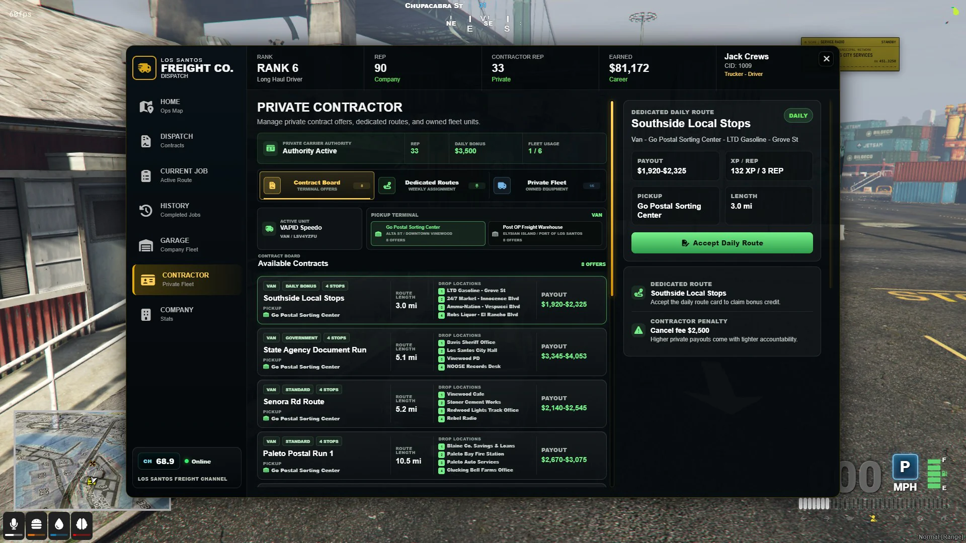Version 1.4 Private Contractor contract board with pickup-terminal filters, available offers, and daily-route details.