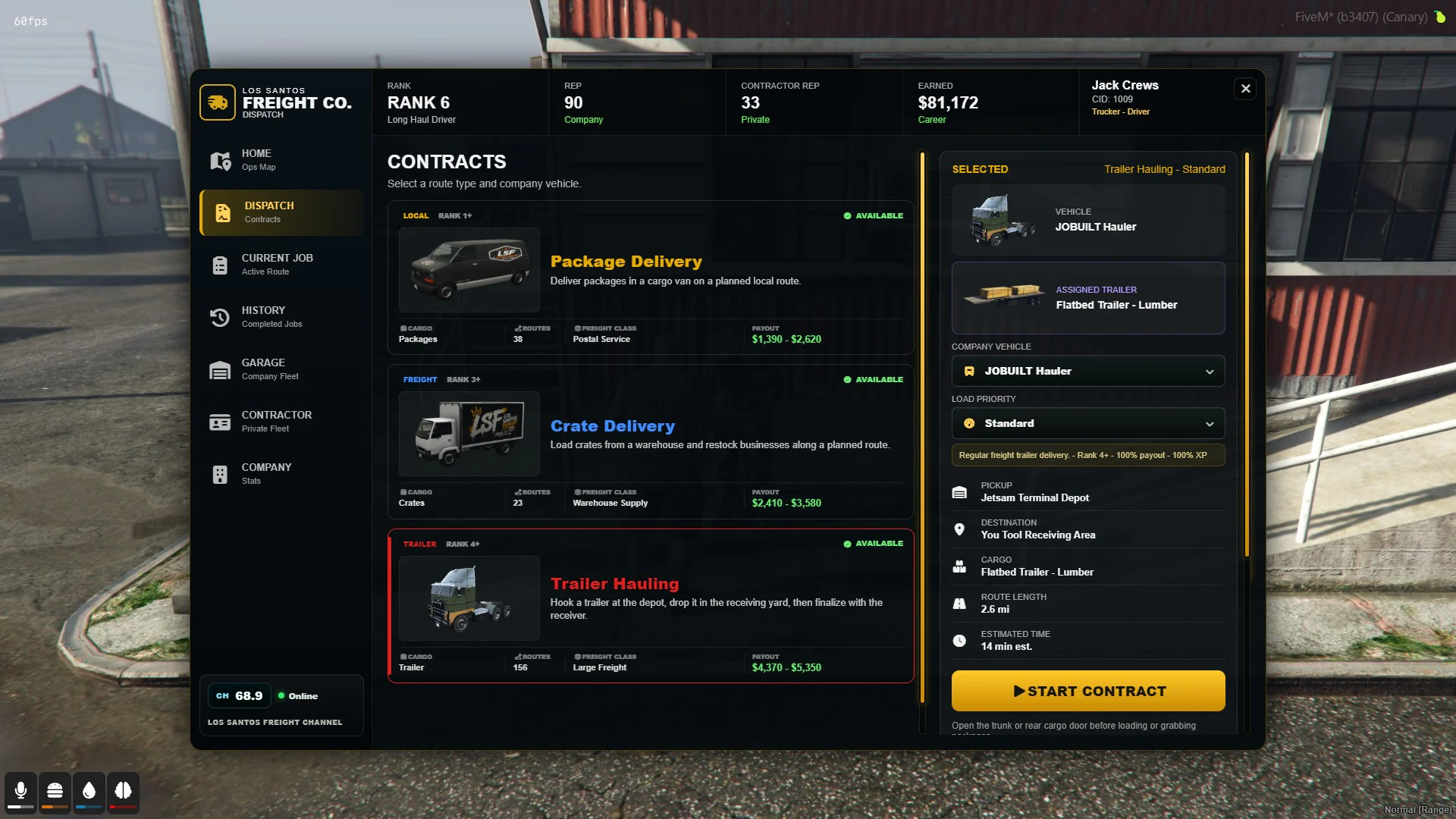 Version 1.4 Freight Dispatch contracts screen with package, crate, and trailer work plus a selected trailer route.