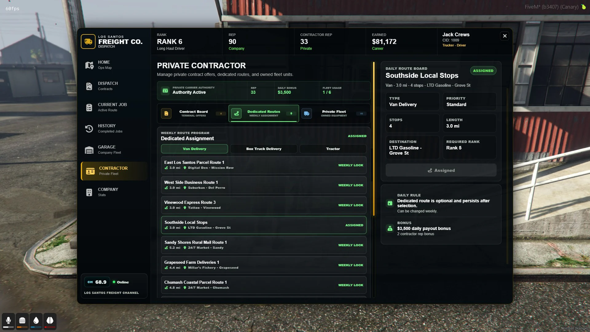 Version 1.4 contractor Dedicated Routes tab showing the assigned Southside Local Stops route and daily bonus.