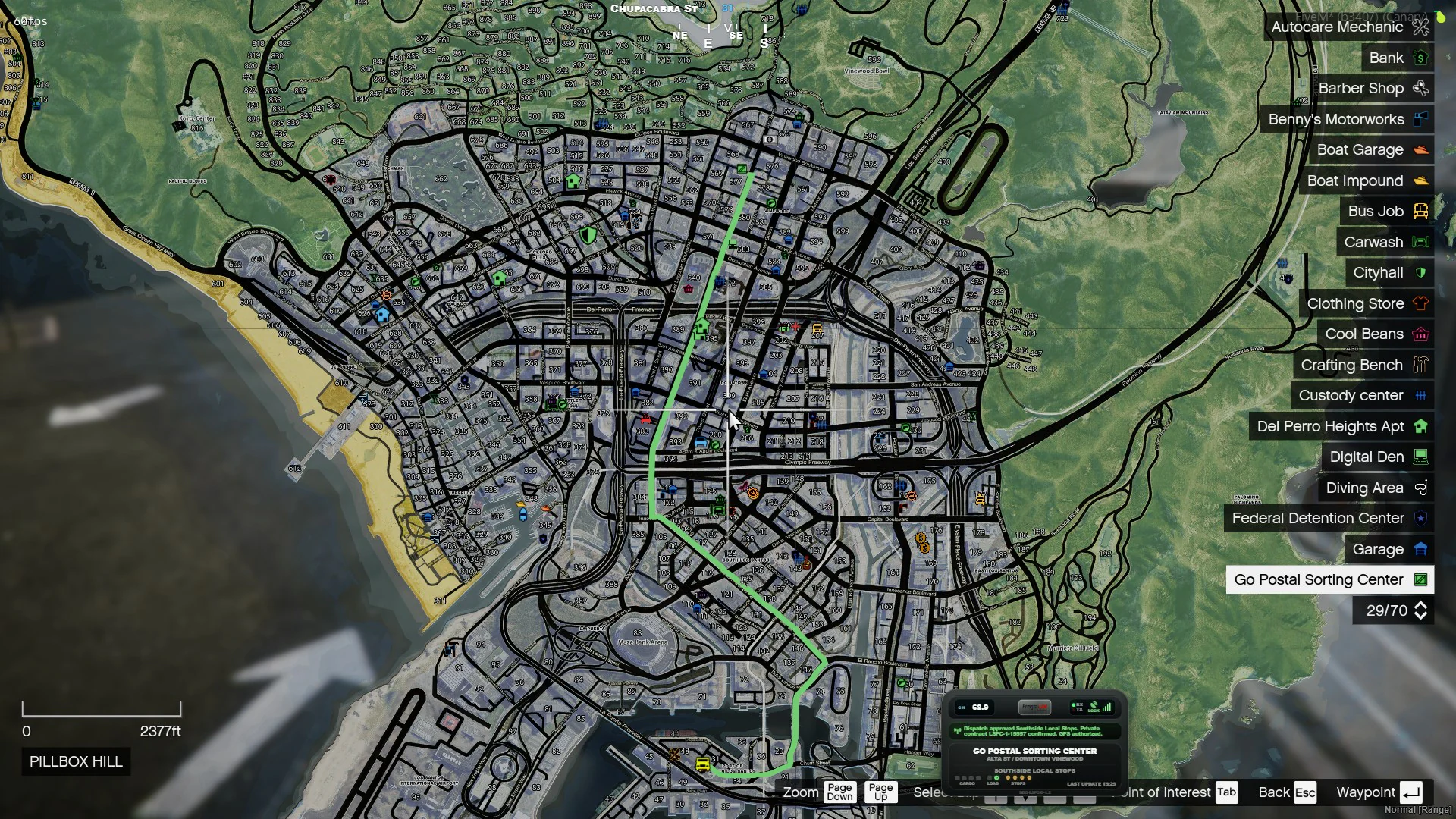 FiveM map showing an active Los Santos Freight route with the compact receiver visible.