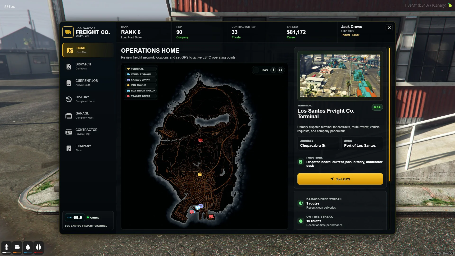 Los Santos Freight Co. version 1.4 operations map showing depots, freight locations, and a selected terminal.