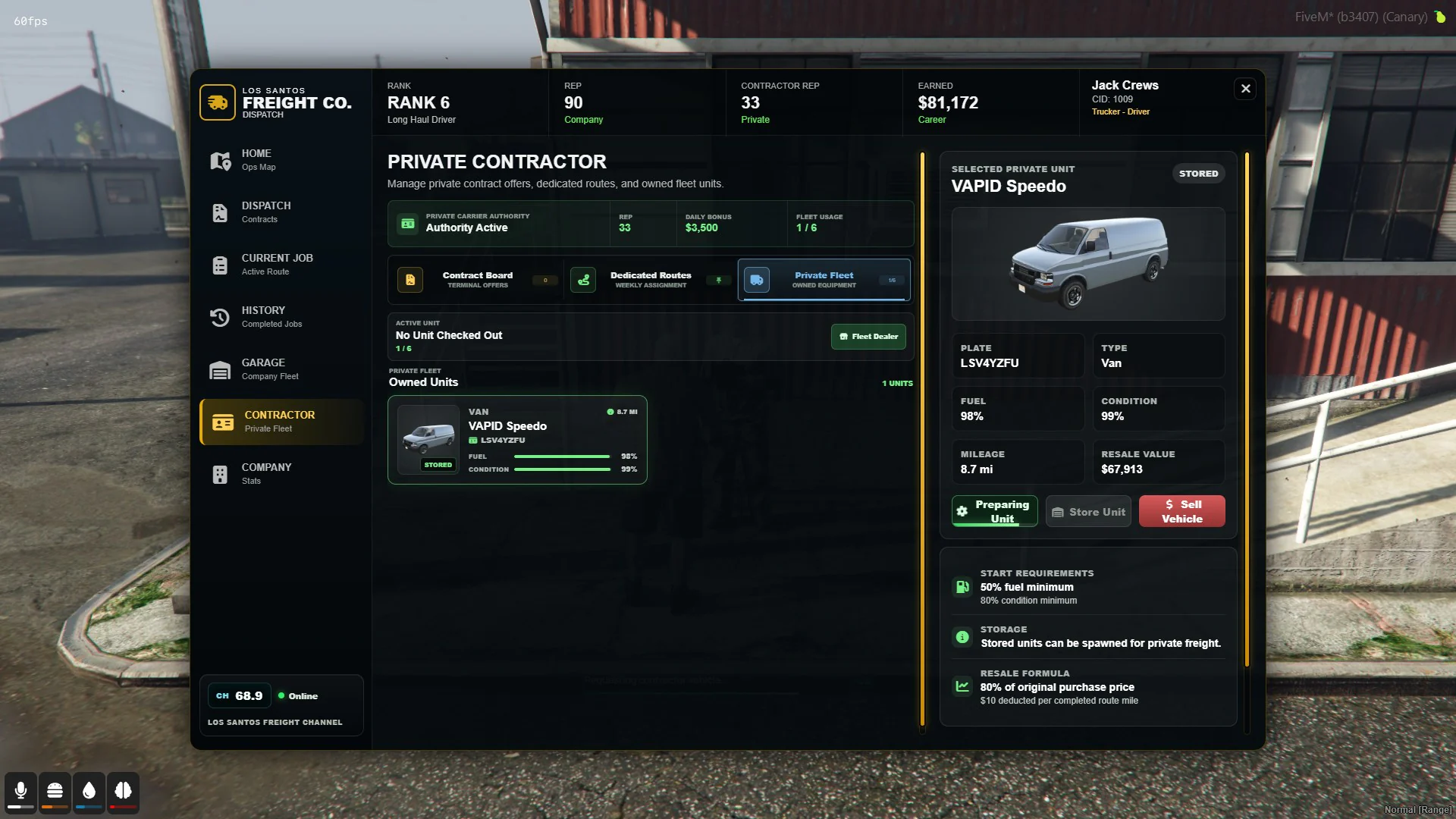 Version 1.4 Private Contractor fleet tab showing an owned Vapid Speedo and its vehicle-management controls.