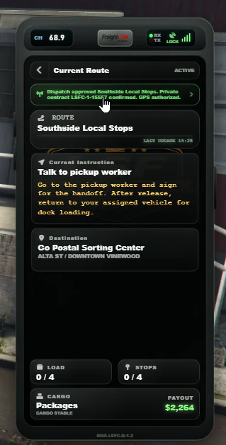 Version 1.4 receiver Current Route page showing the next stop, route progress, dispatch event, and payout.