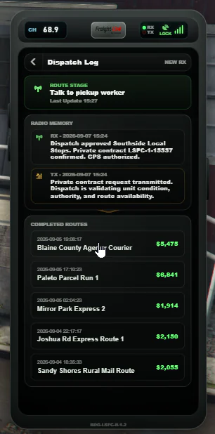 Version 1.4 receiver Dispatch Log page with an active gate warning and recent route entries.