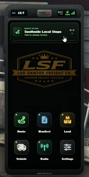 Version 1.4 receiver home page with Current Route, Manifest, Load, Vehicle, Dispatch Log, and Settings shortcuts.
