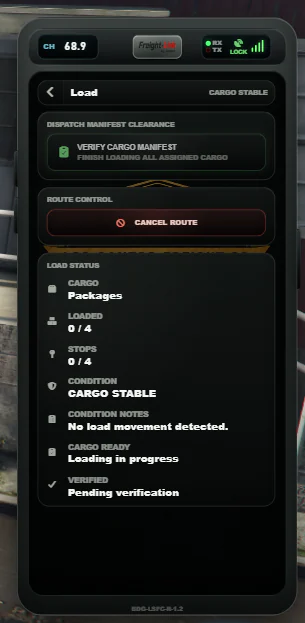 Version 1.4 receiver Load page showing manifest verification, route controls, cargo count, stops, condition, and readiness.