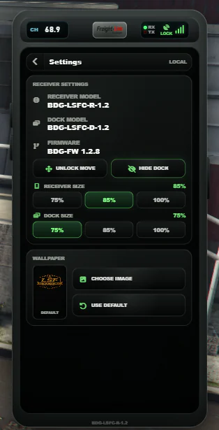 Version 1.4 receiver Settings page with placement, sizing, dock visibility, and wallpaper controls.