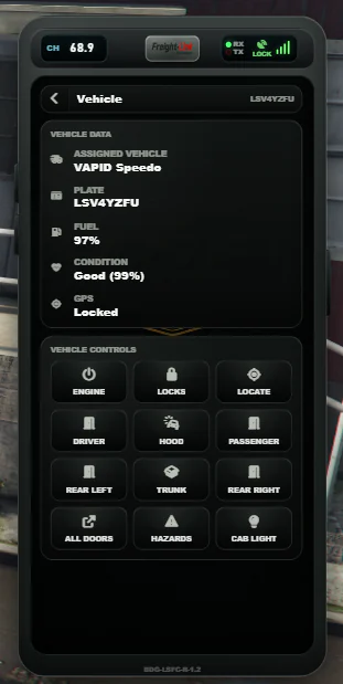 Version 1.4 receiver Vehicle page showing vehicle condition, fuel, GPS, and twelve vehicle controls.