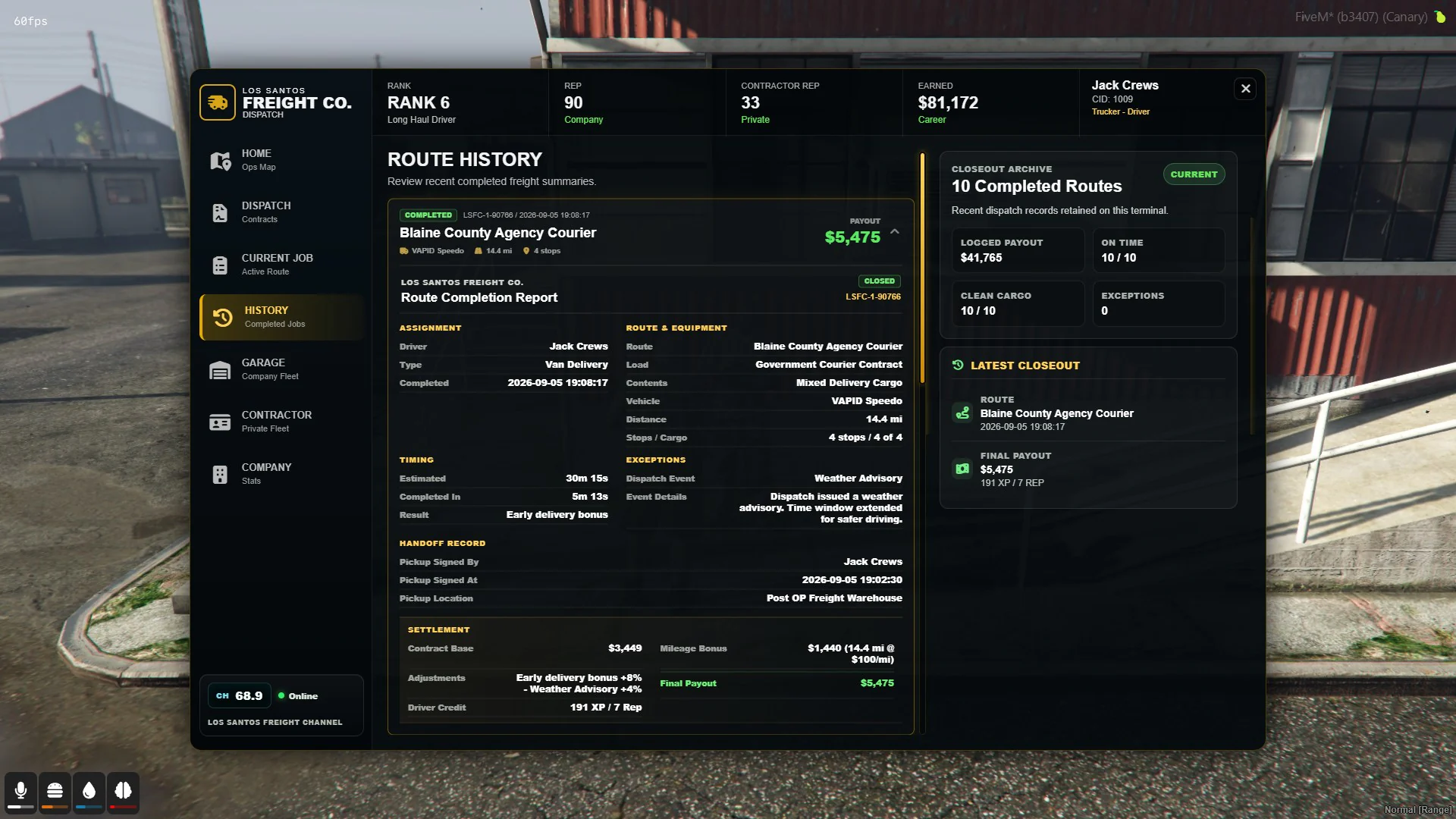 Expanded version 1.4 route-completion report with assignment, route, equipment, timing, handoff, and payout records.