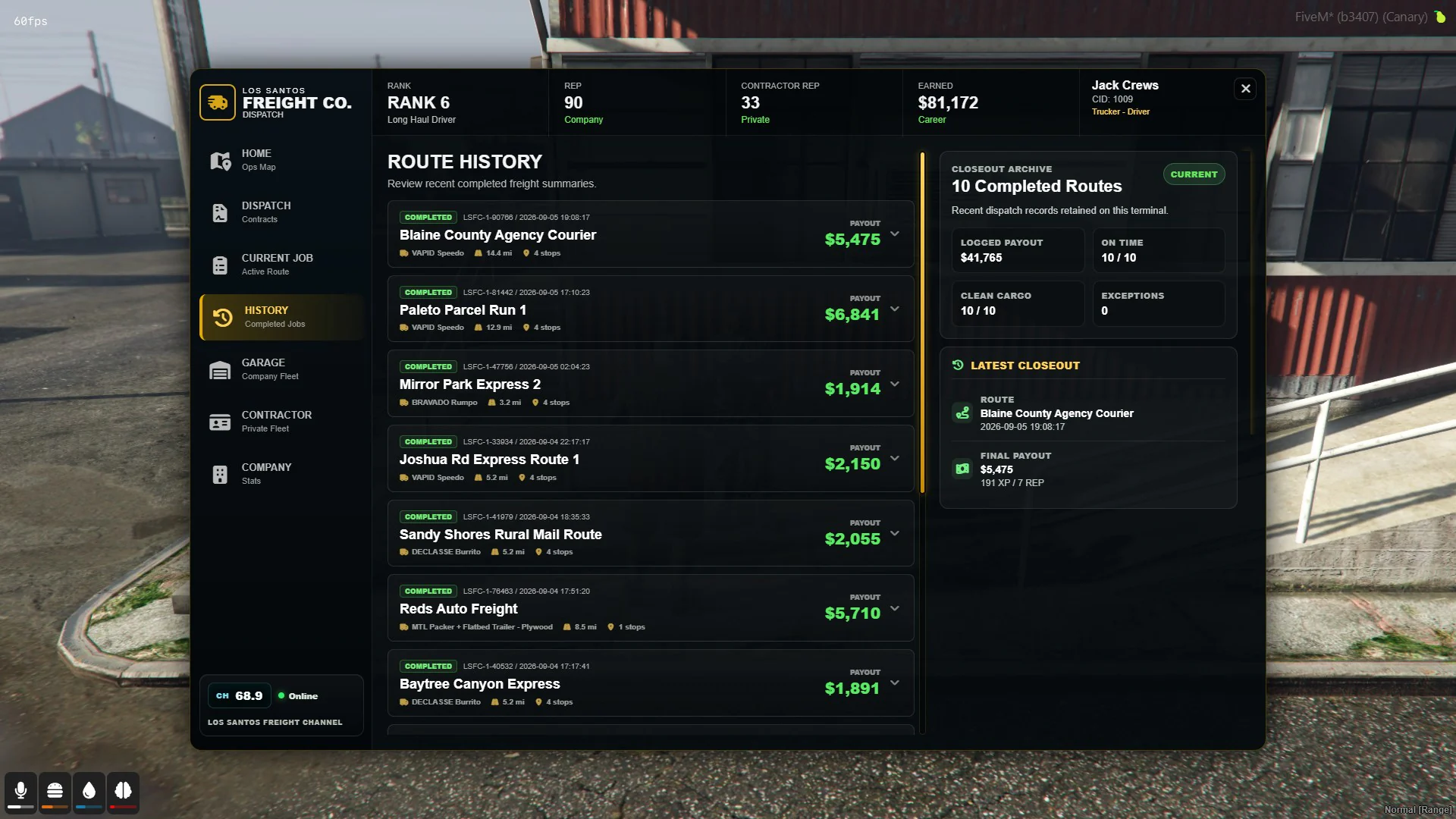 Version 1.4 Route History list showing completed freight jobs and closeout summary statistics.
