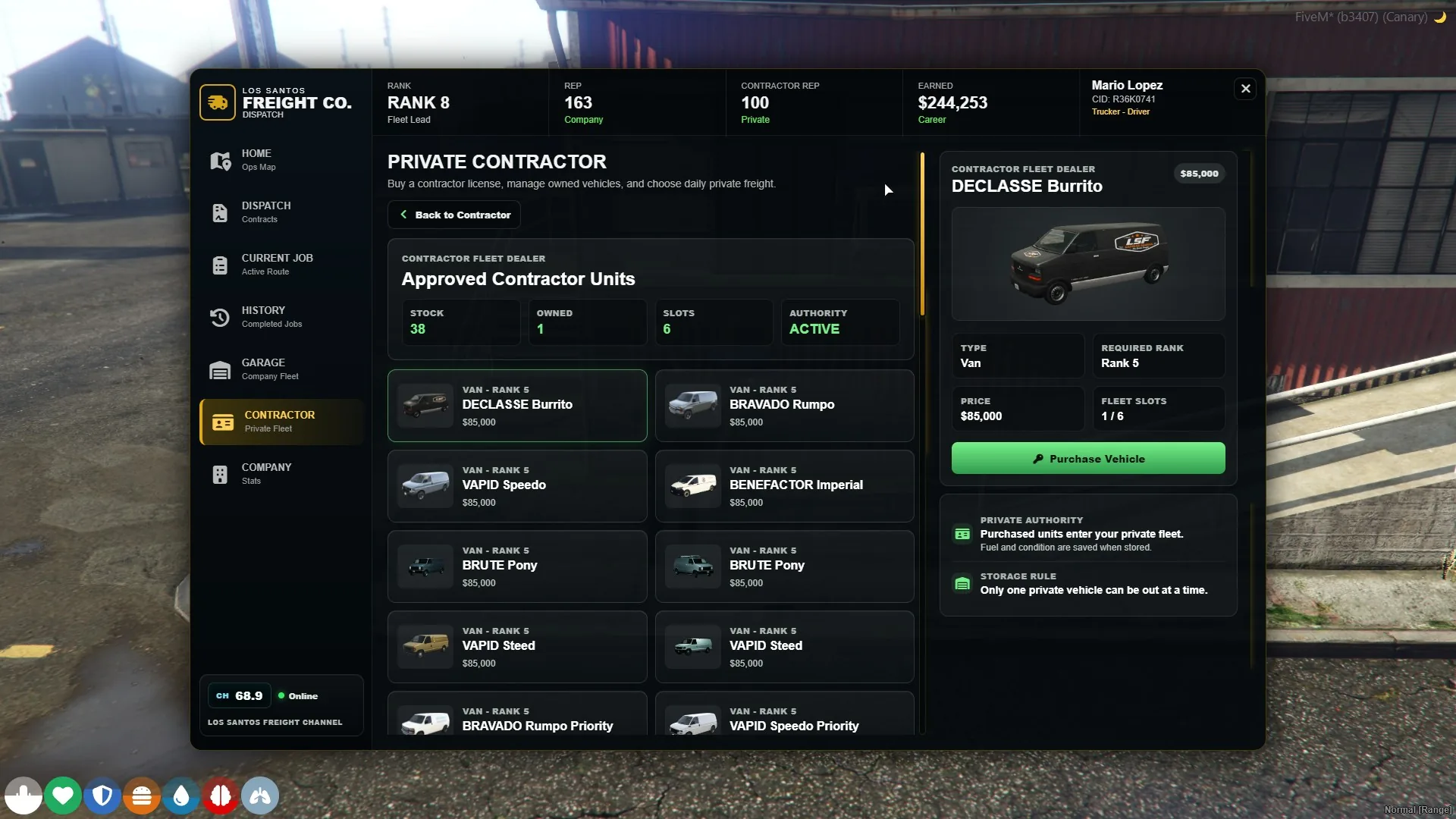 Contractor Fleet Dealer showing approved vans and purchase details.