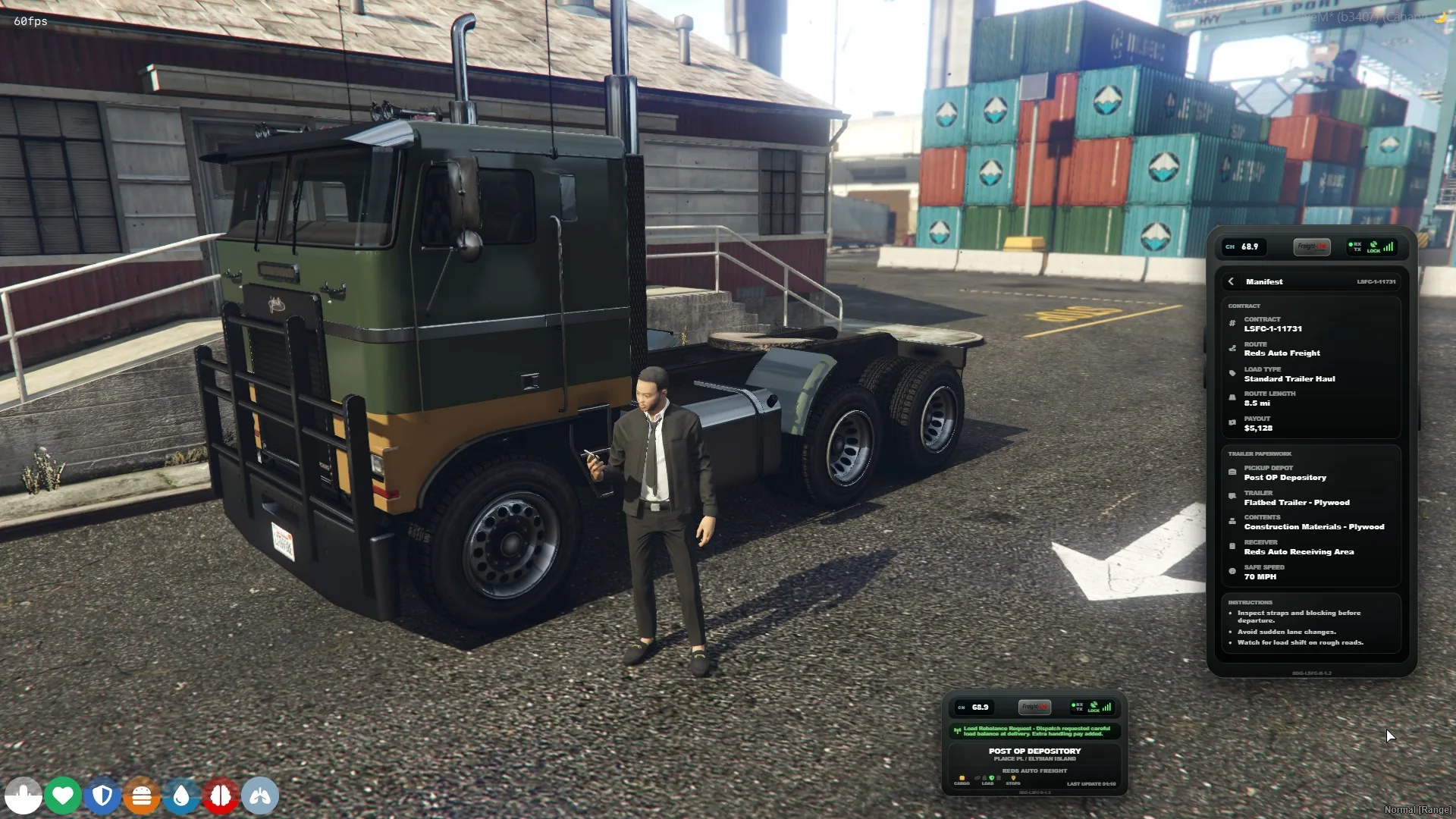 Receiver Manifest screen showing contract, route, trailer, payout, receiver, and handling instructions.