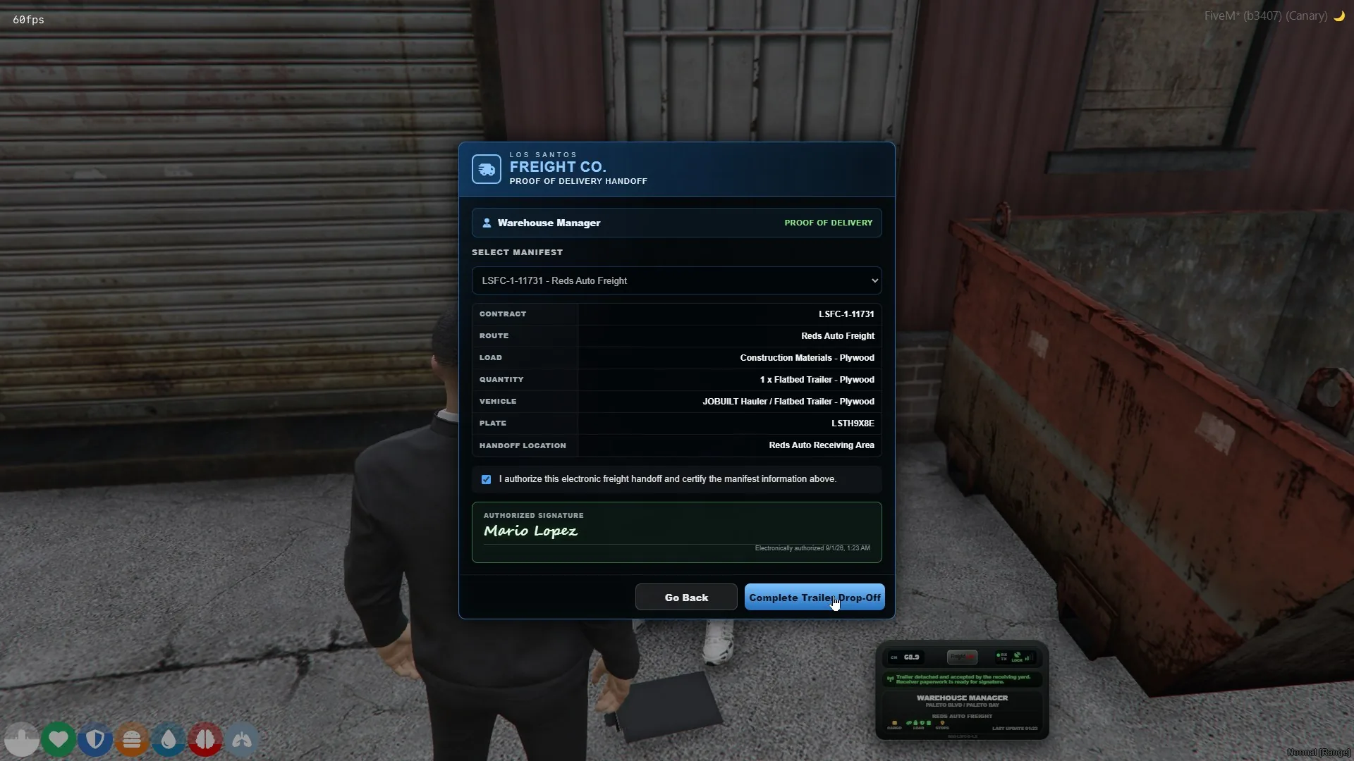 Electronic proof-of-delivery form showing the signed trailer manifest and handoff details.