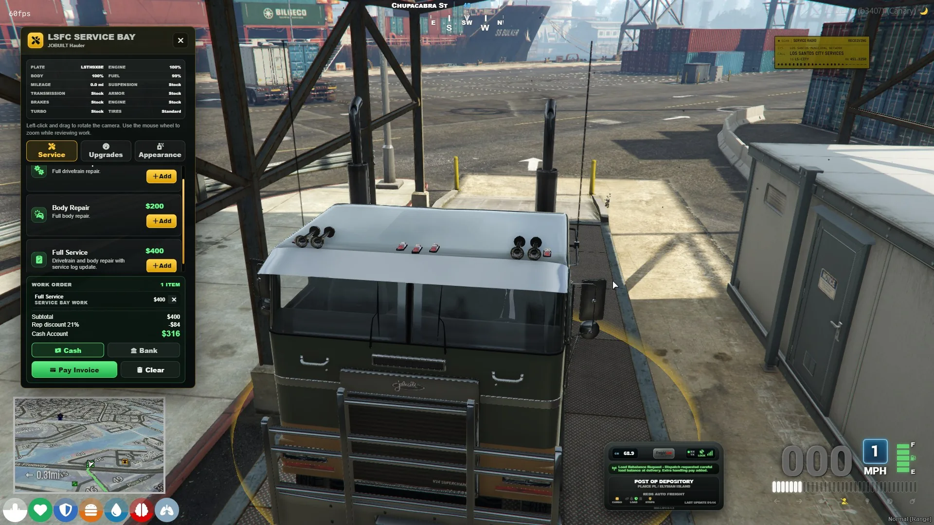 LSFC Service Bay showing truck condition, repair options, work order, and payment controls.