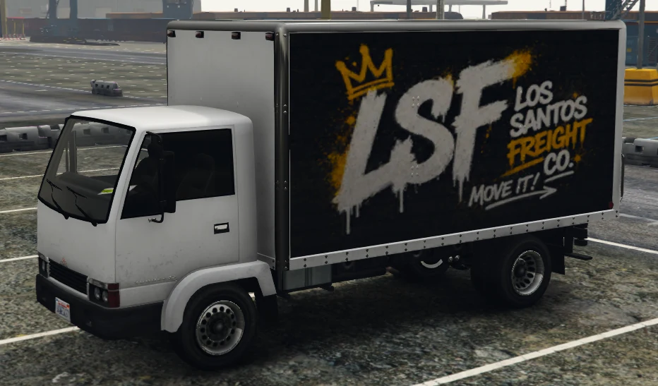 Compact white box truck with black-and-gold Los Santos Freight Co. branding.