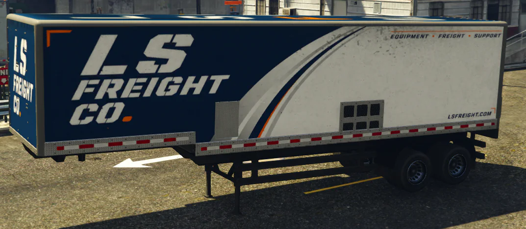 Blue-and-white LS Freight support trailer.
