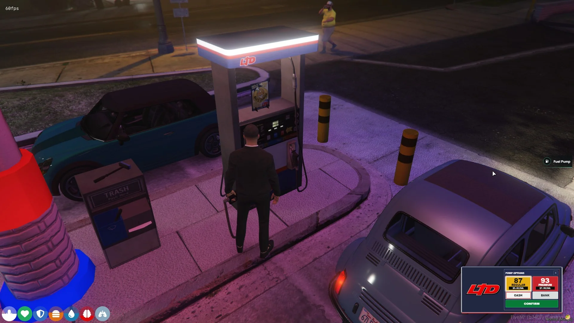 LTD fuel pump beside a compact car with Regular 87, Premium 93, Cash, and Bank choices in the interface.