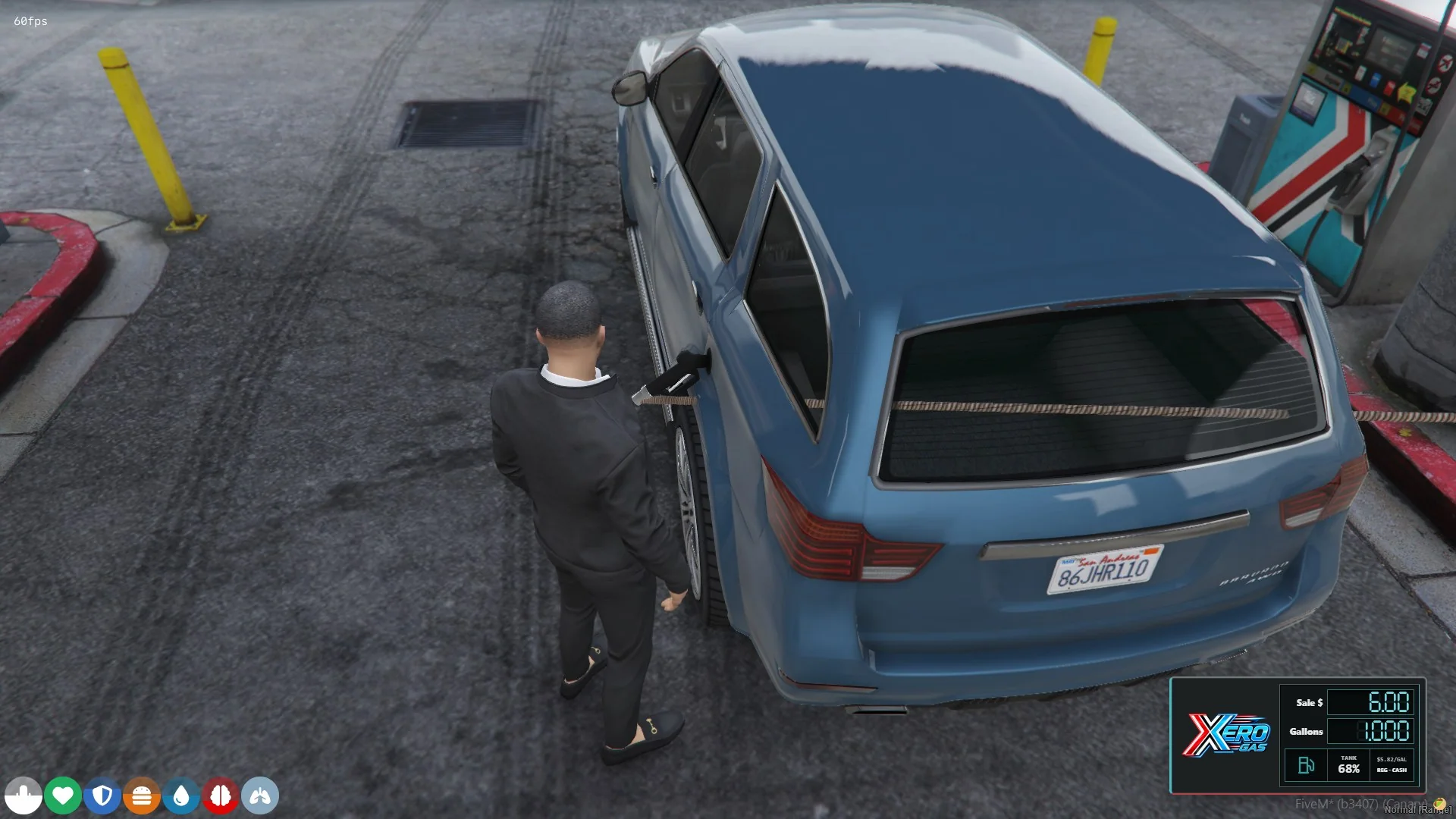 Xero Gas fuel hose attached to a blue SUV with a live register showing sale total, gallons, tank level, grade, and cash payment.
