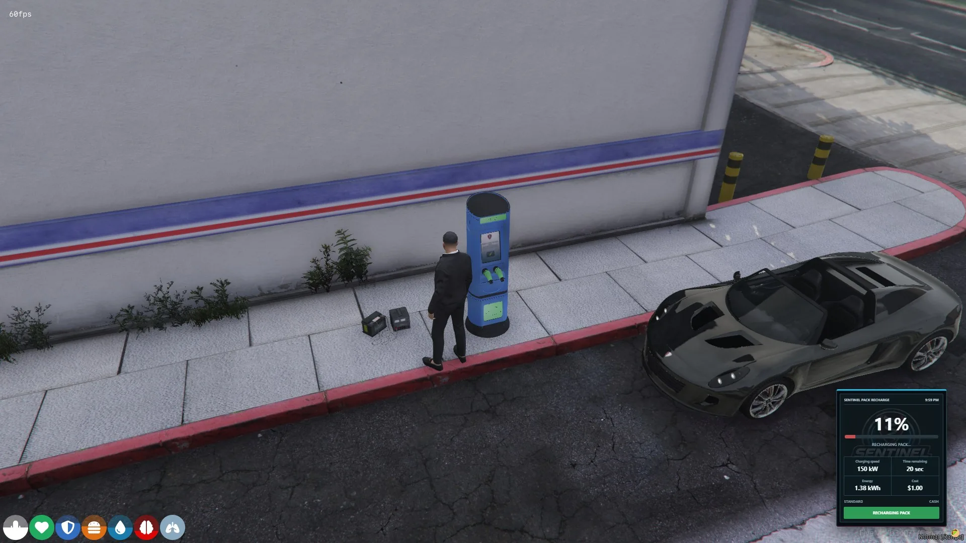 Sentinel pack-recharge panel at 11 percent beside an EV station and portable battery packs.