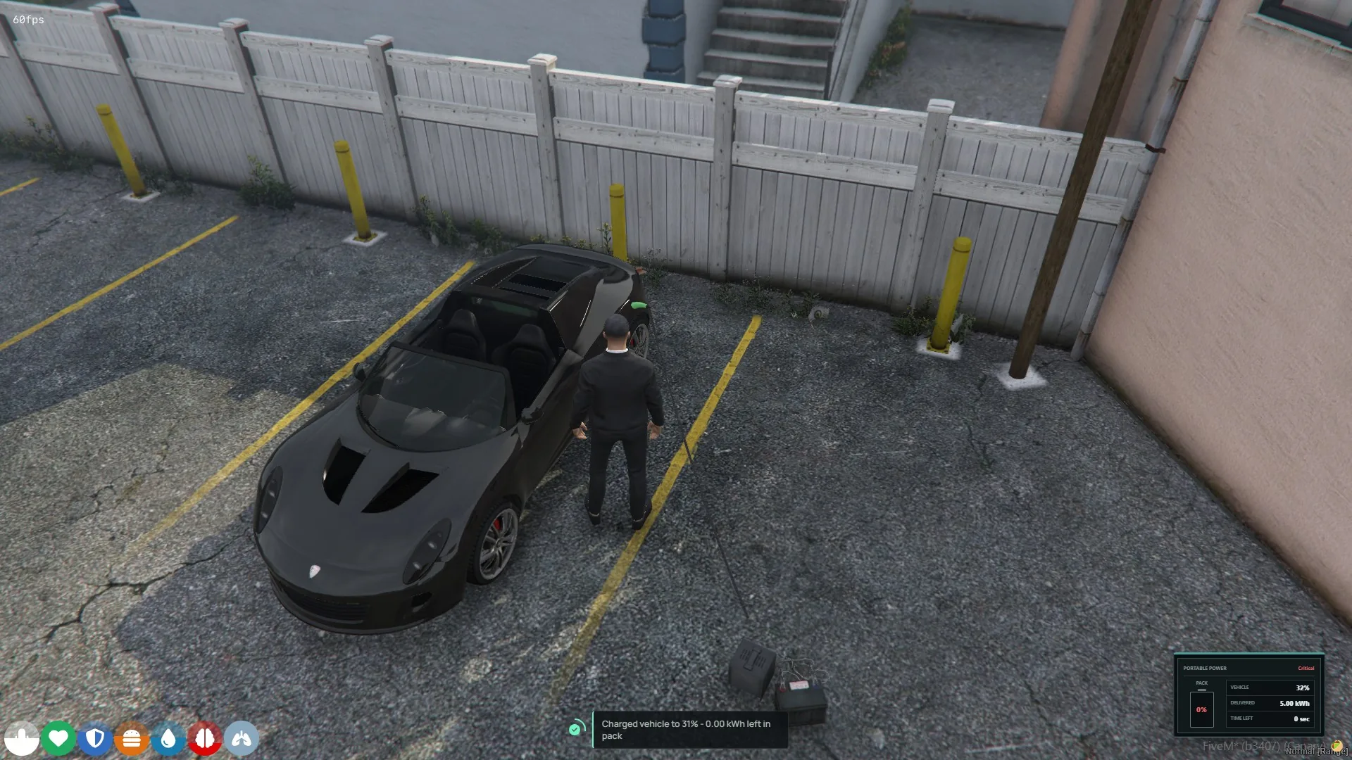 Depleted portable EV pack beside a black convertible with a charge-complete notification and final vehicle status.