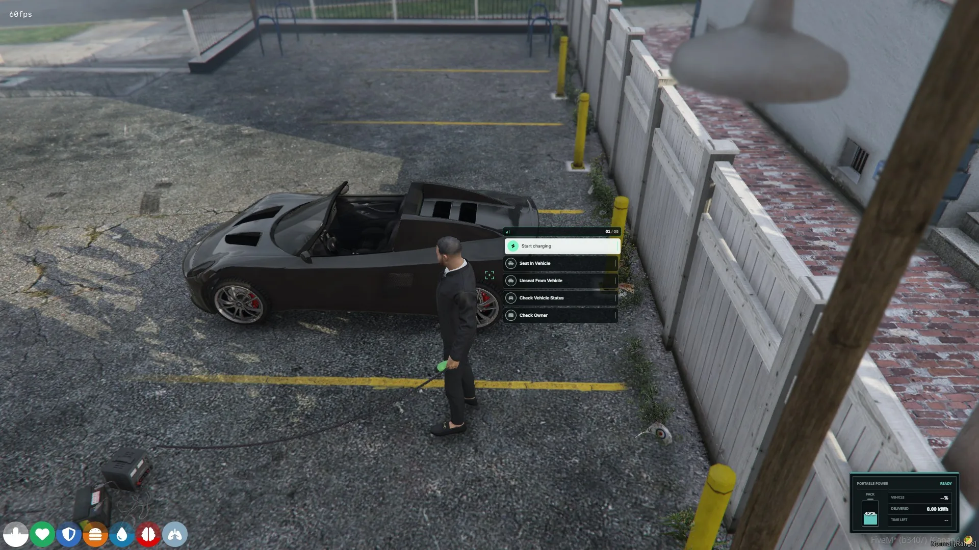 Character holding a portable charging connector beside a car, with a Start charging action and ready pack status.