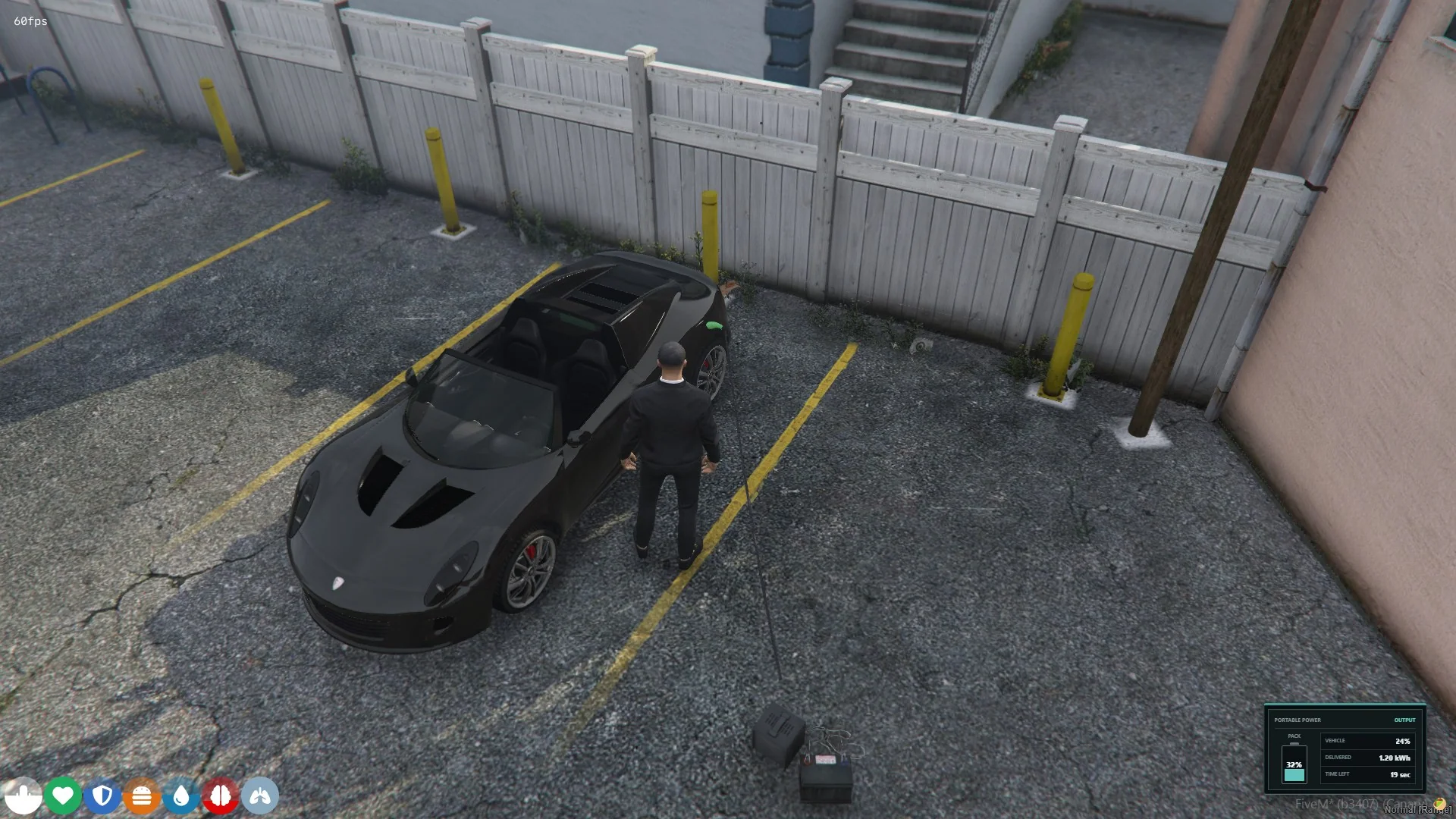 Portable EV charger on the ground connected to a black convertible with pack, vehicle, energy, and time status.